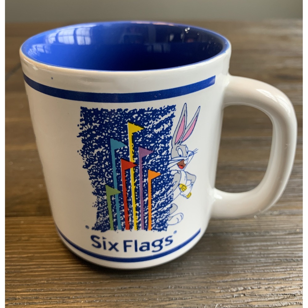 Vintage Six Flags Bugs Bunny Ceramic Coffee Mug Looney Tunes WB Souvenir
